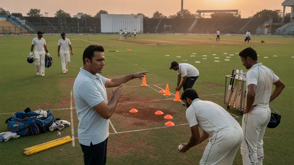Medium tactical view of fielders and team interaction during a night cricket match