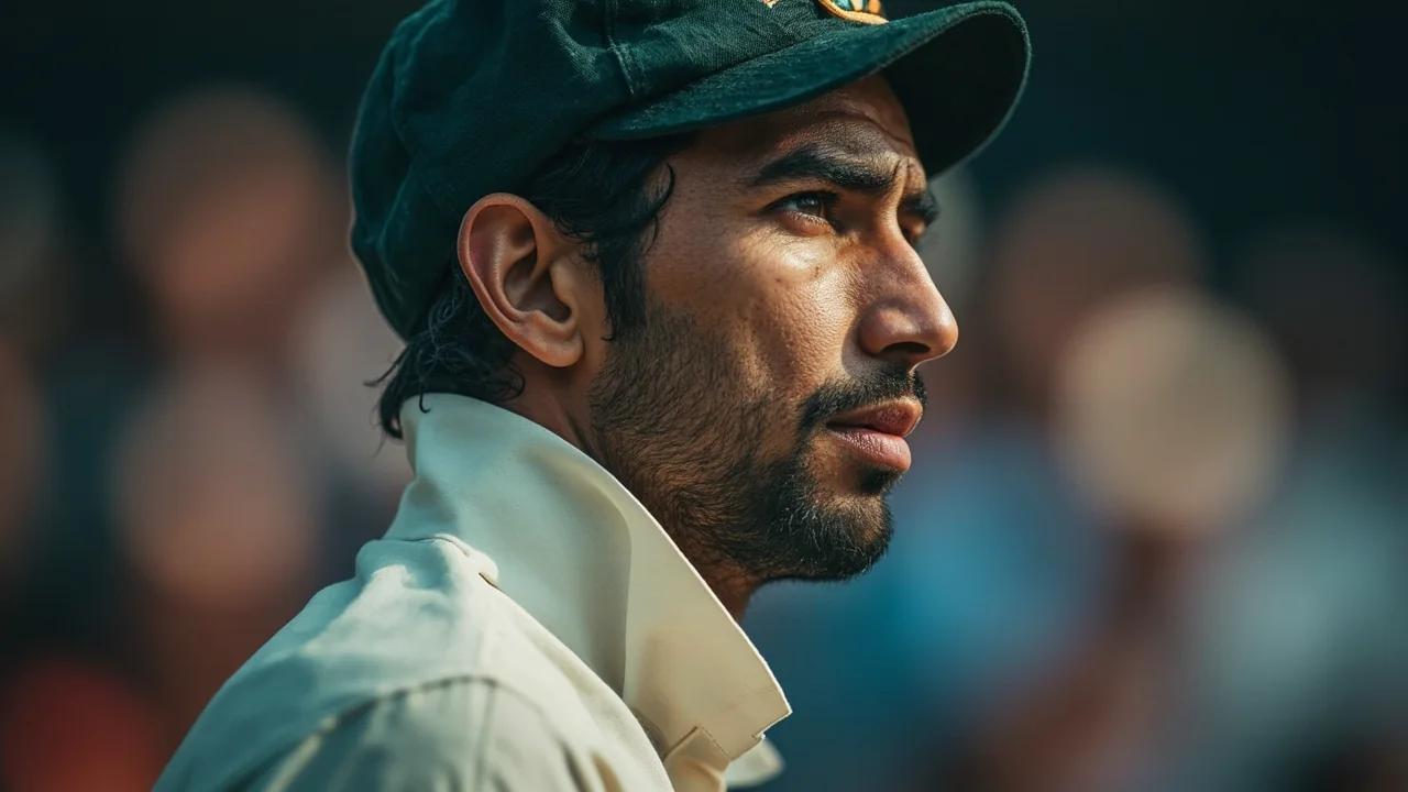 Close editorial frame of a cricket all-rounder at the crease under stadium lights