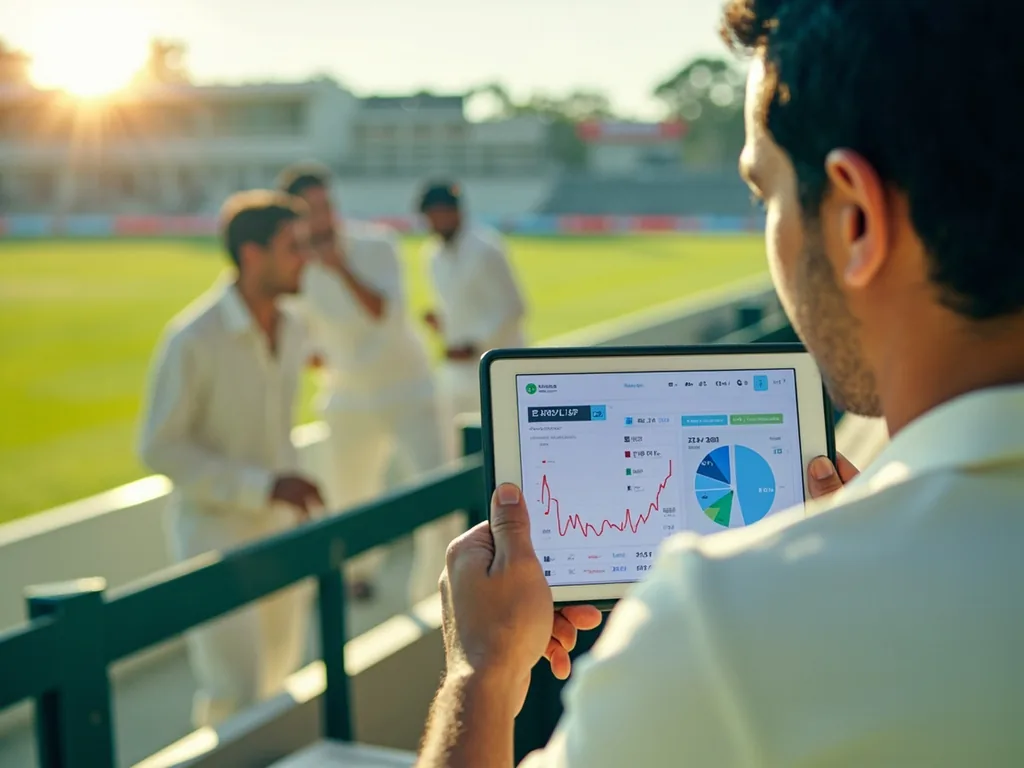 Live cricket fantasy points context Fantasy cricket analyst tracking runs wickets catches and overs on a tablet