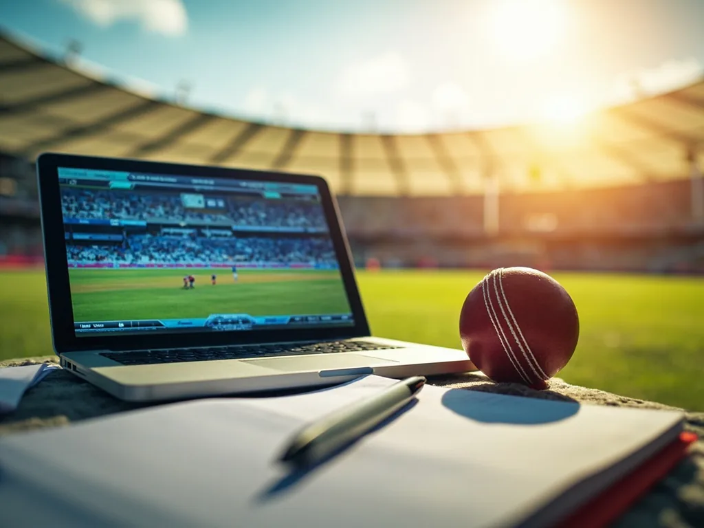 Live cricket match tracking checklist Organised cricket match checklist beside a bright stadium score screen