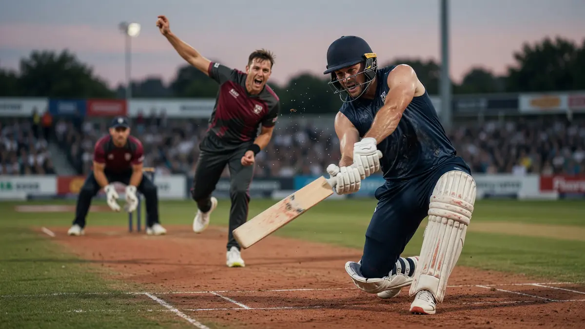 Cricket batter completing a forceful front-foot drive under stadium lights during a short-format innings