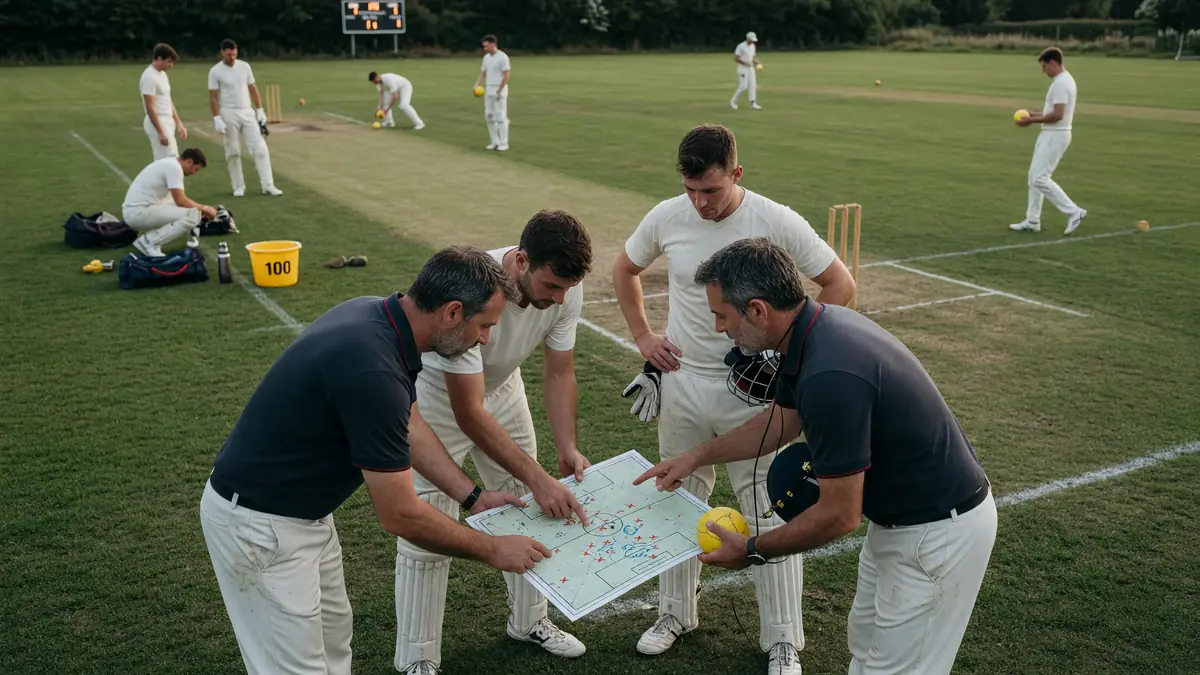 Pace bowler mid-delivery with close fielders set on a night-match outfield