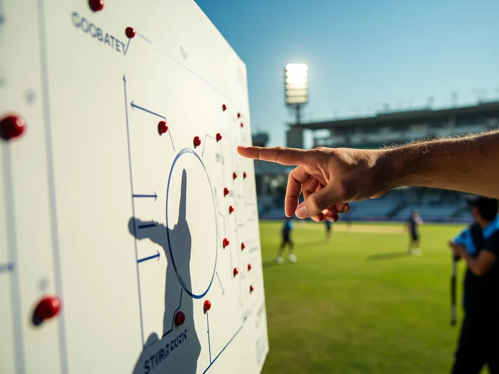 Cricket tactics board showing powerplay fields, bowling matchups and venue checks