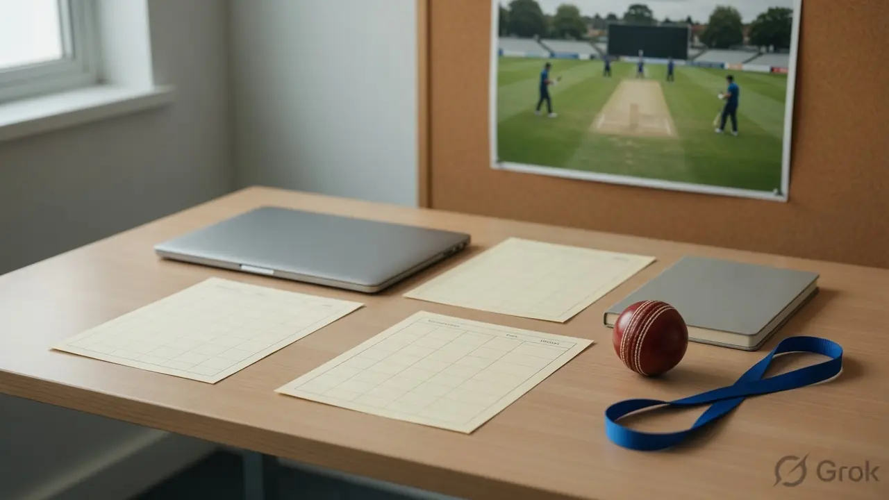 Laptop, notebook, cricket ball and printed schedule sheets on a media desk