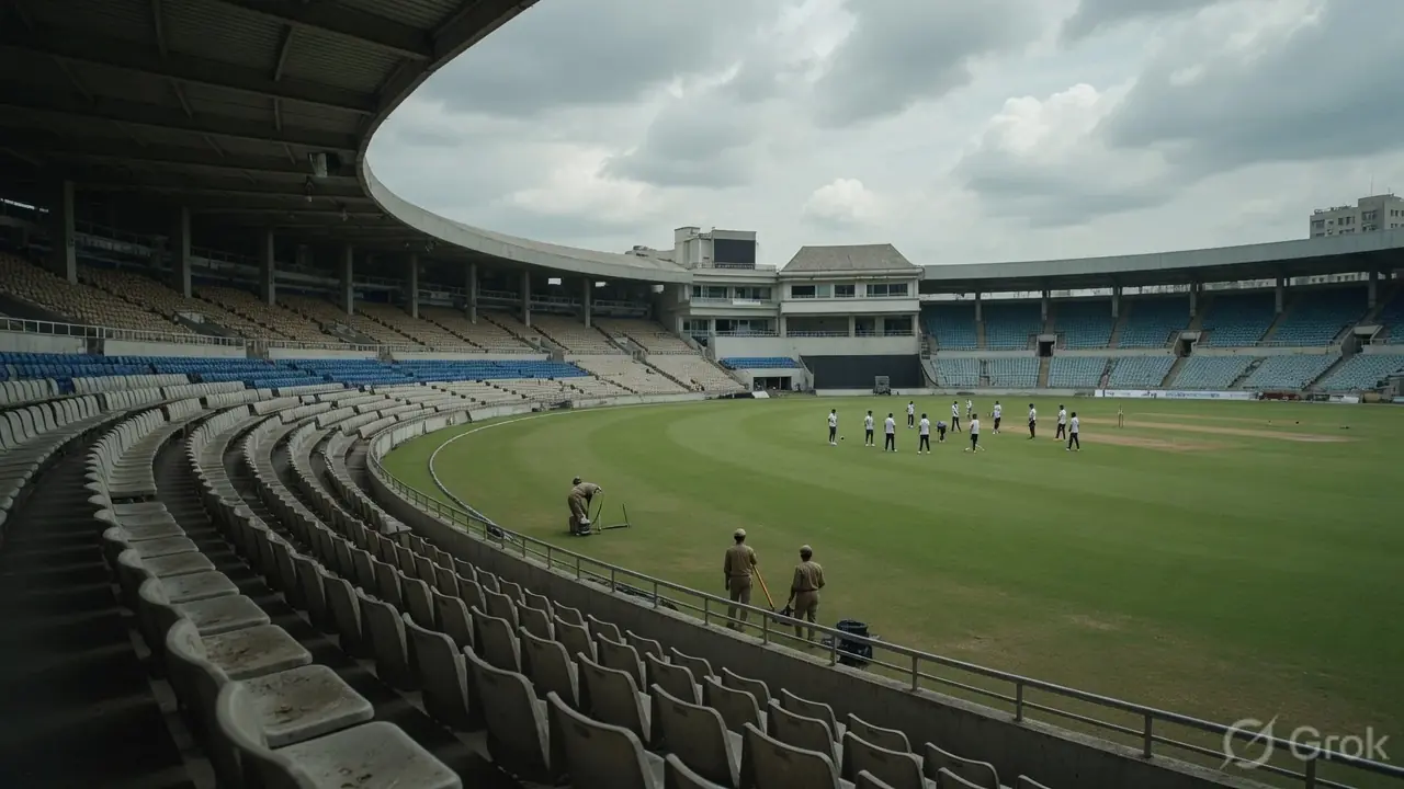 Ground staff and cricketers preparing on a green cricket oval under an overcast sky